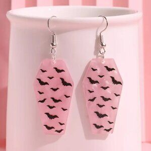 Acrylic Pink Coffin Earrings with Black Bat Design